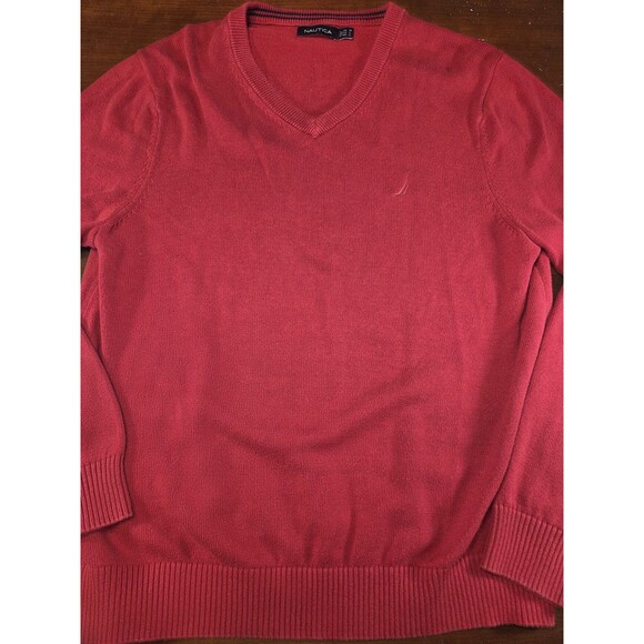 Nautica Sweater Mens Medium Red V-Neck Pullover 100% Cotton Knit Classic Preppy - Picture 2 of 4